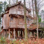 Un treehouse en bois perché parmi les arbres avec une passerelle